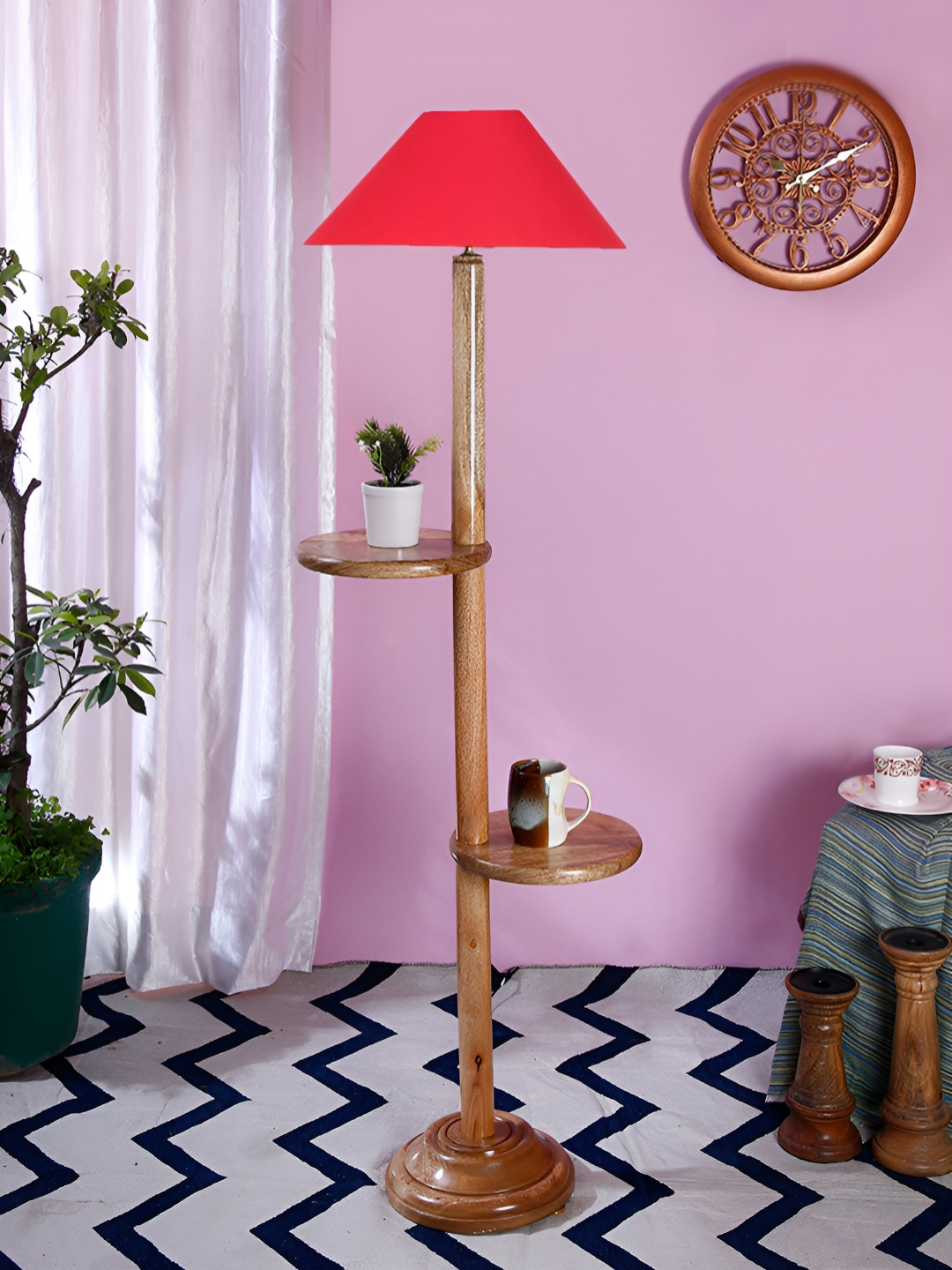 Devansh Red And Brown Frustum Shaped Wooden Shelf Floor Lamp