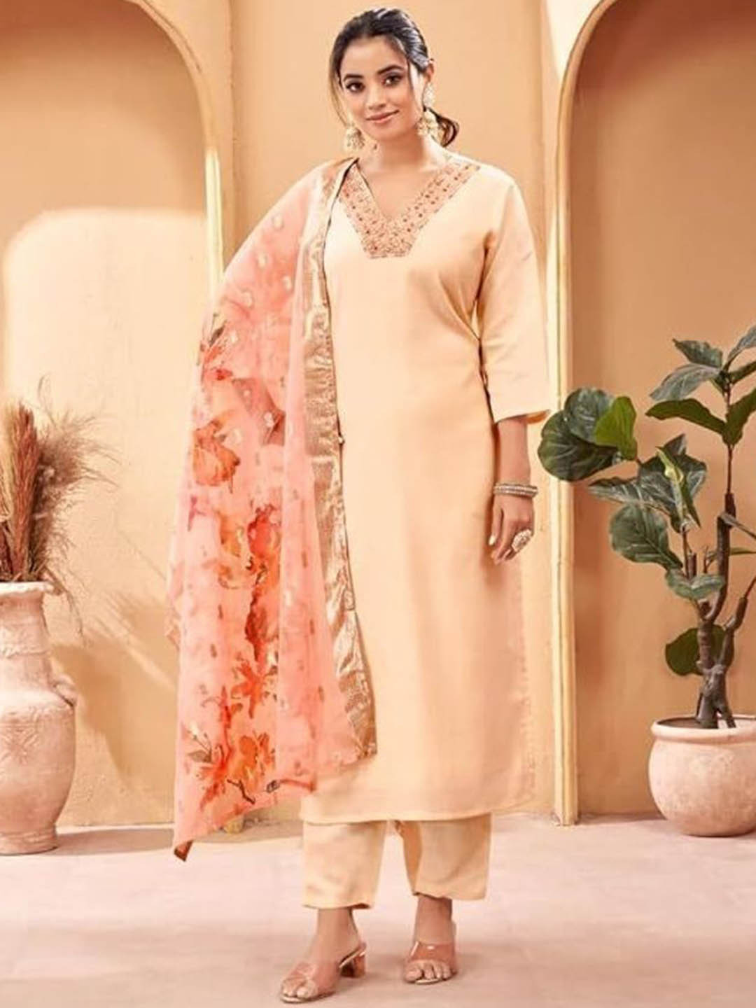 SHIENZY Floral Yoke Design V-Neck Sequinned Straight Kurta With Trousers & Dupatta