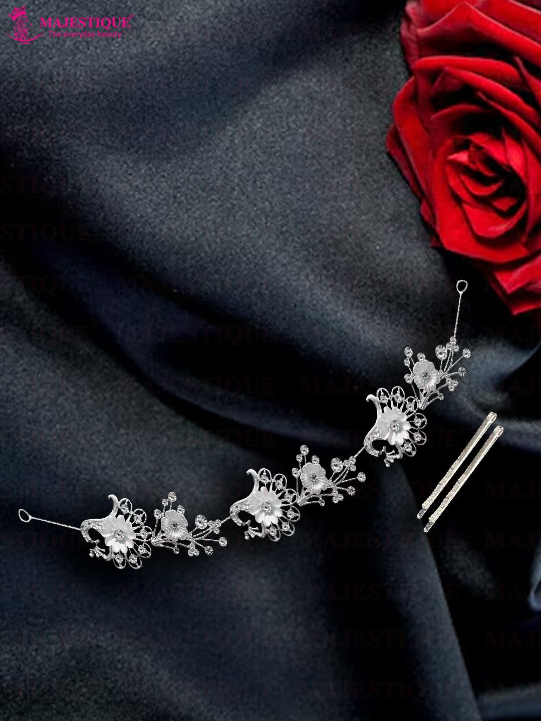 Majestique Set of 1 Silver Crystal Pearl Tiara Floral Vine Headband Bridal Jewelry
