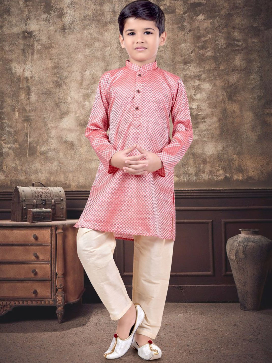 Pehanaava Boys Abstract Woven Design Mandarin Collar Eid Festive Kurta With Pyjamas & Topi