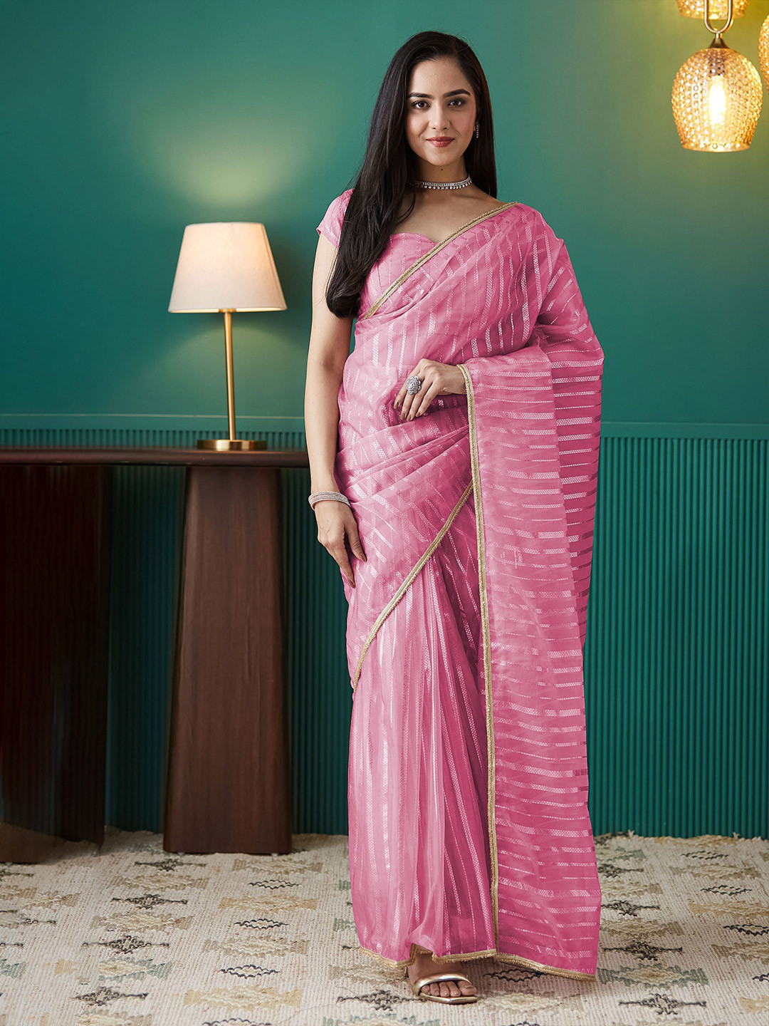 RACHNA Organza Stripes Foil Print Ready To Wear Saree