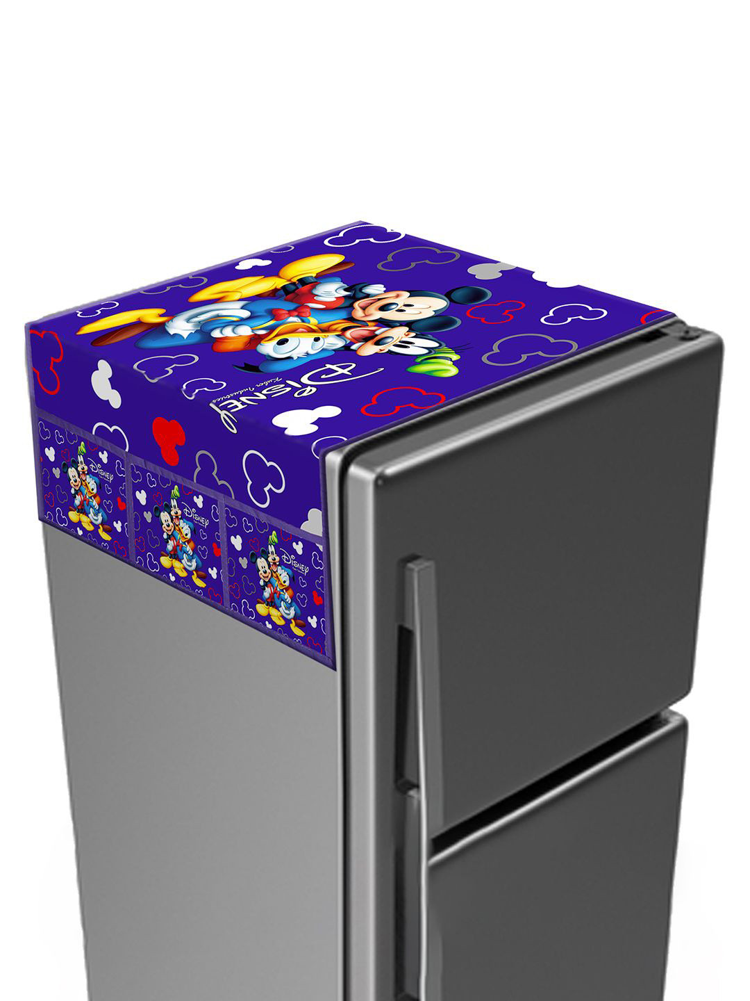 Kuber Industries Blue Disney Print Satin Fridge Top Cover With 6 Utility Side Pockets
