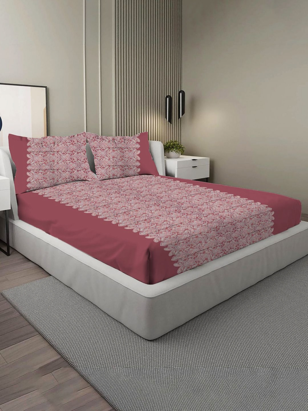 VINTANA Imperial Maroon Ethnic Motifs Cotton 300 TC King Fine Bedsheet with 2 Pillow Covers-108 x 108 inches