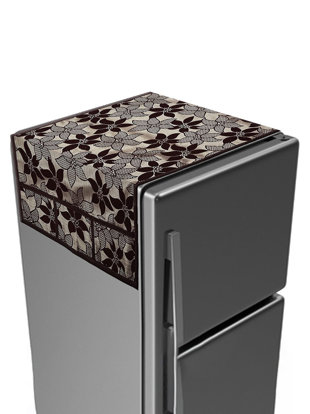 Kuber Industries Brown Flower Print Velvet Fridge Top Cover With 6 Utility Side Pockets