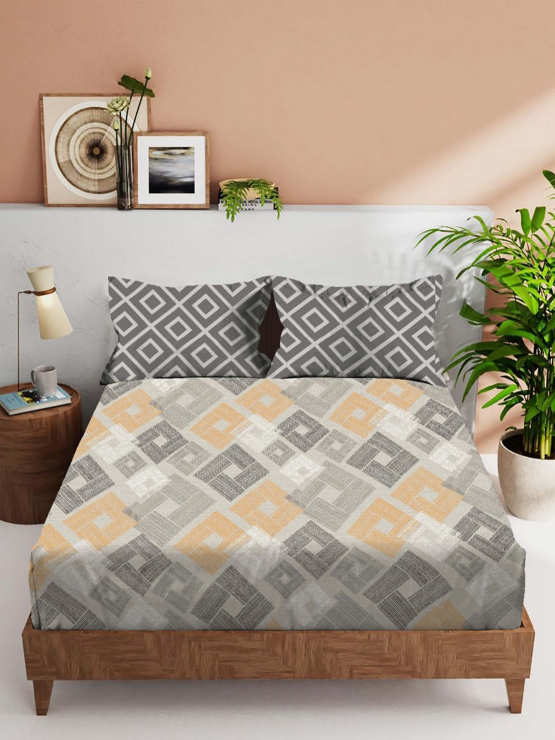VINTANA Forever Grey Abstract Cotton Fade-Resistant 160 TC Queen Bedsheet with 2 Pillow Covers-90 x 100 inches