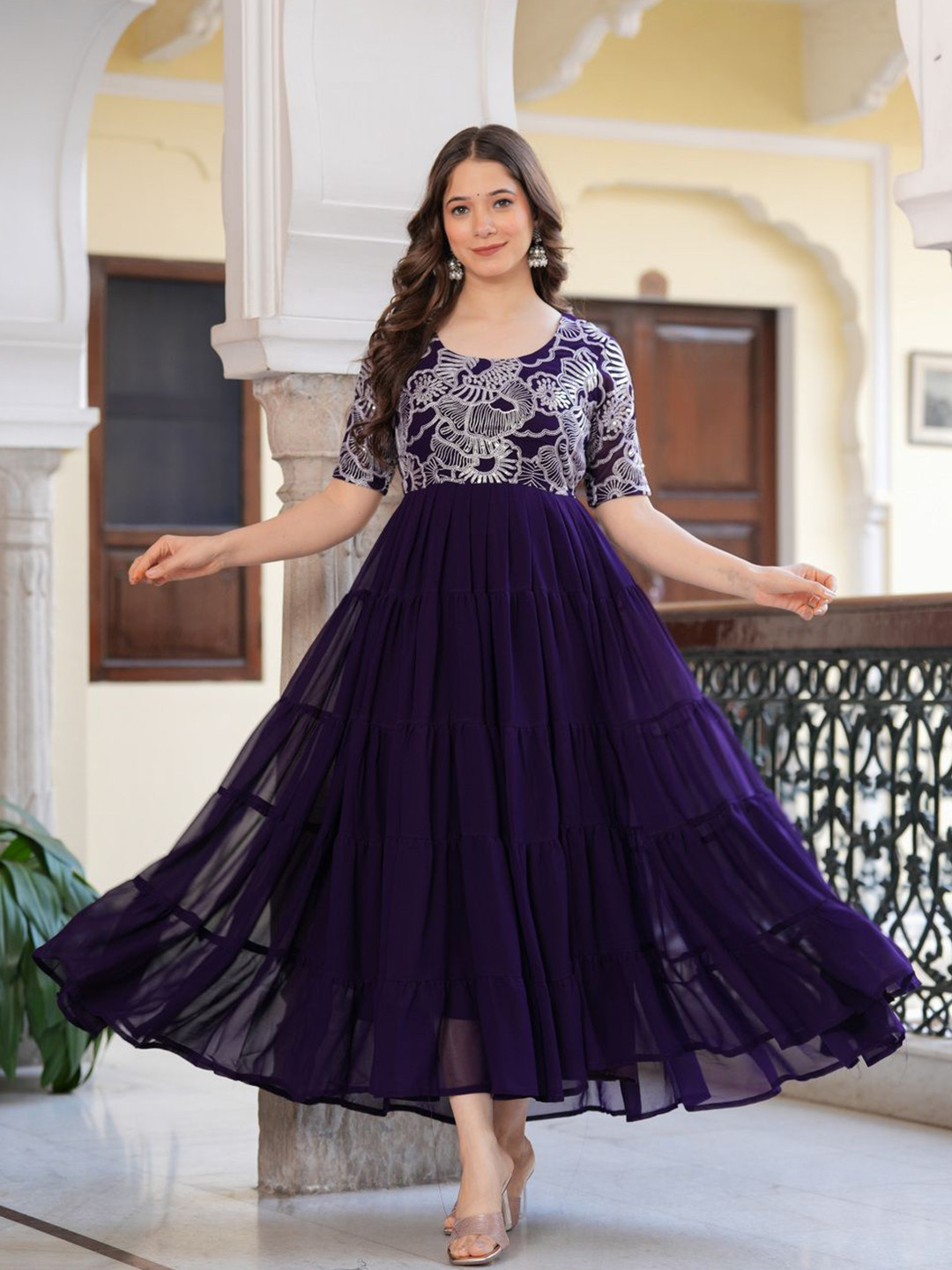 Sitaram Designer Women Embroidered Georgette Fit and Flare Ethnic Midi Dress