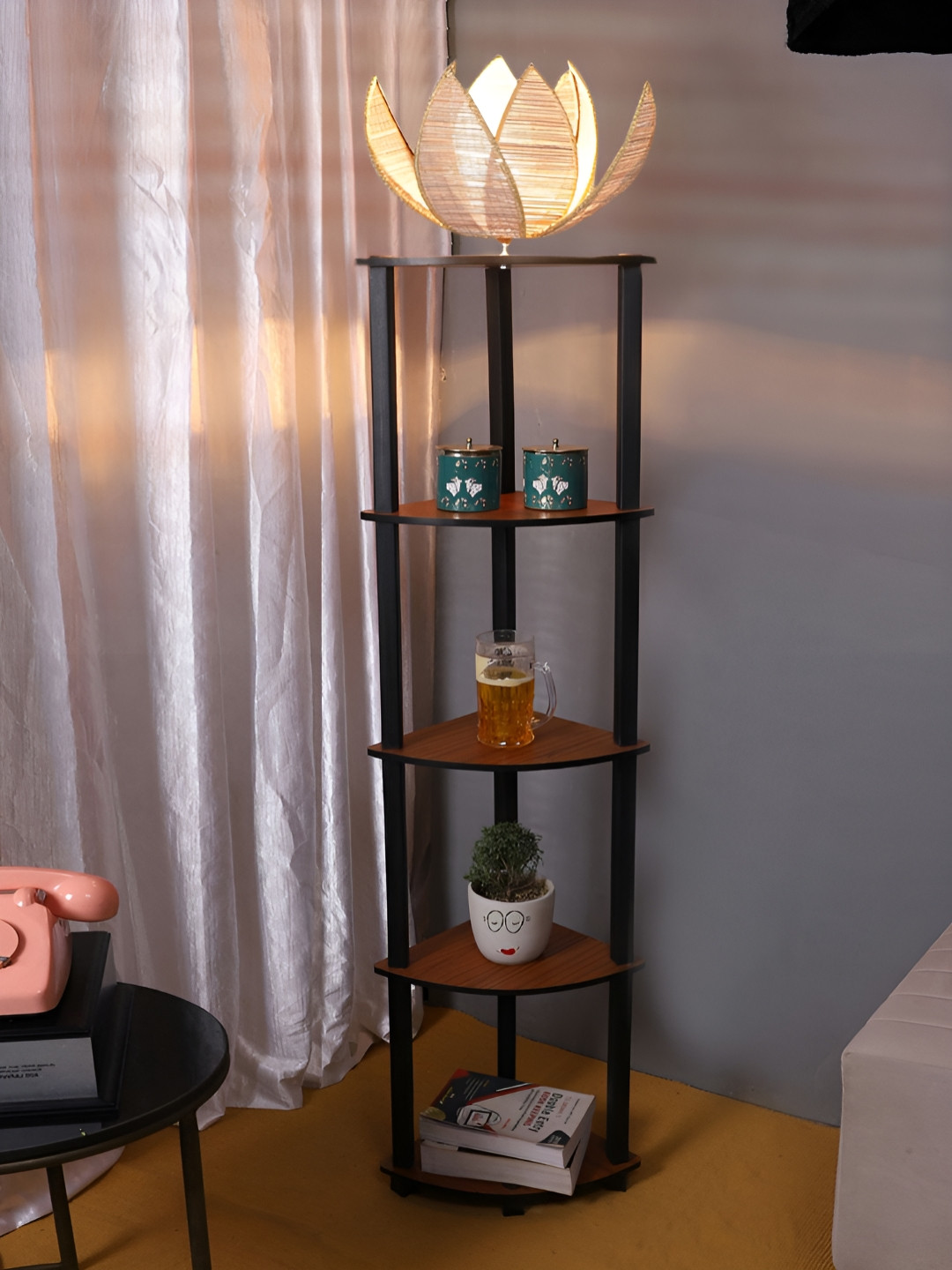 Devansh Beige Bamboo Rose Wooden Abstract Shaped Floor Lamp With Shelves