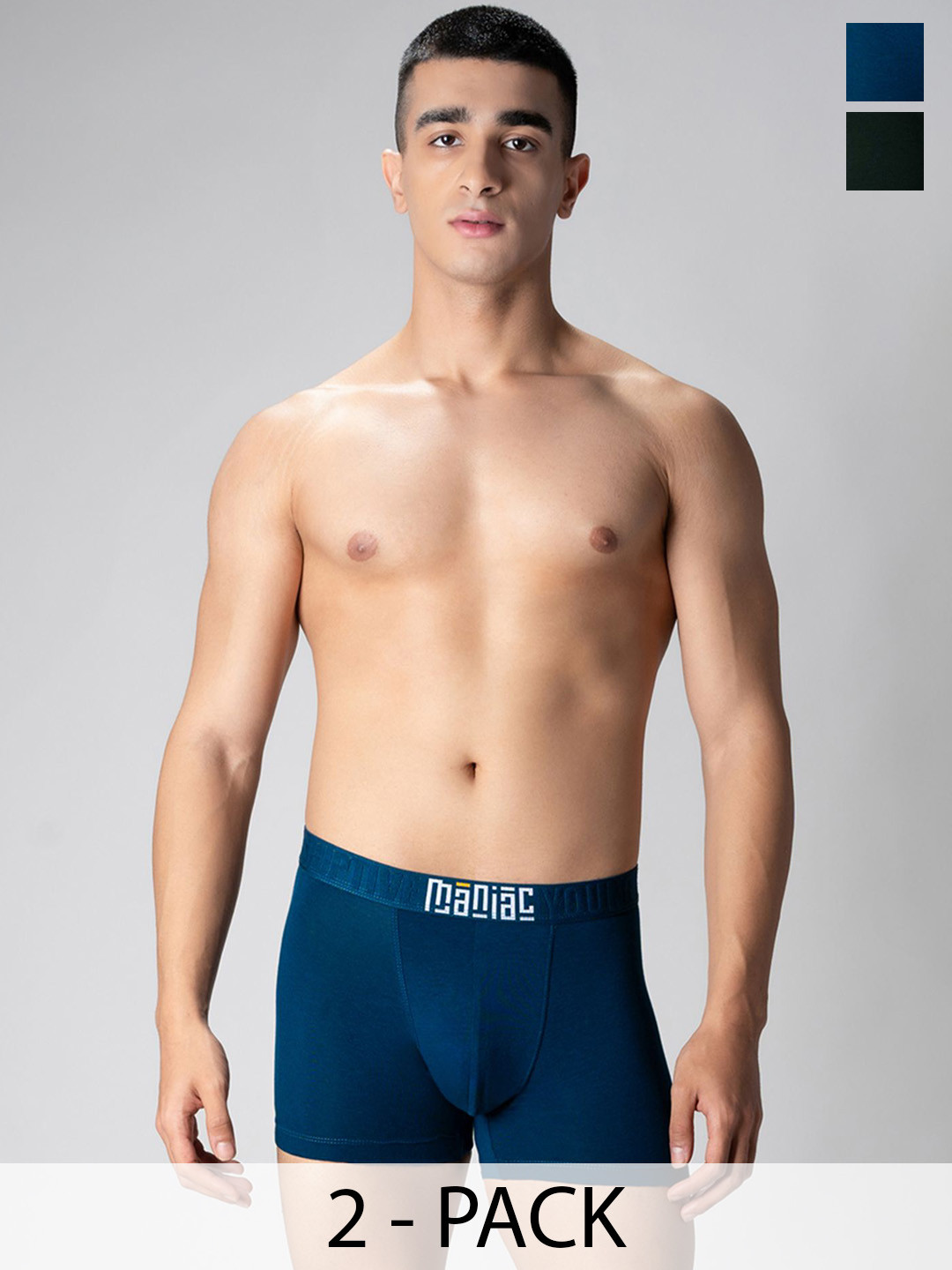 Maniac Men Pack Of 2 Mid Rise Outer Elastic Trunks MN25-2PCK-MODAL-TRUNKS-PTRL_GRN-S