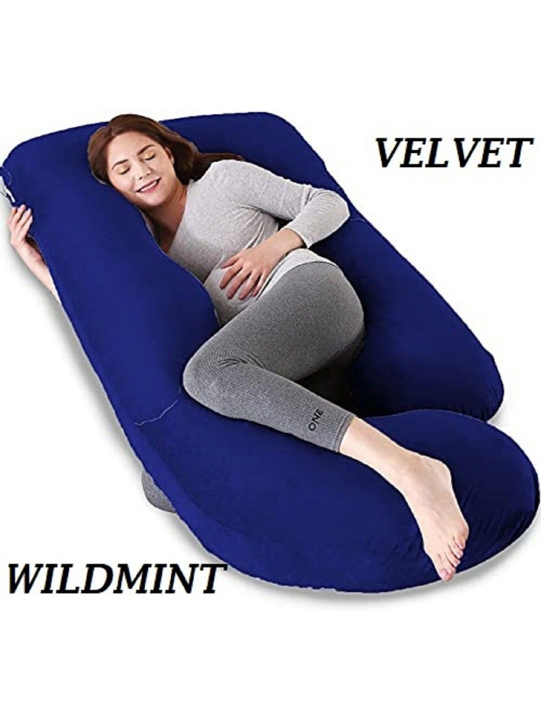 WILD MINT Premium Navy Blue Solid Faux Velvet Medium Fibre Sleep Pillow-139.7 x 76.2 x 25 cm