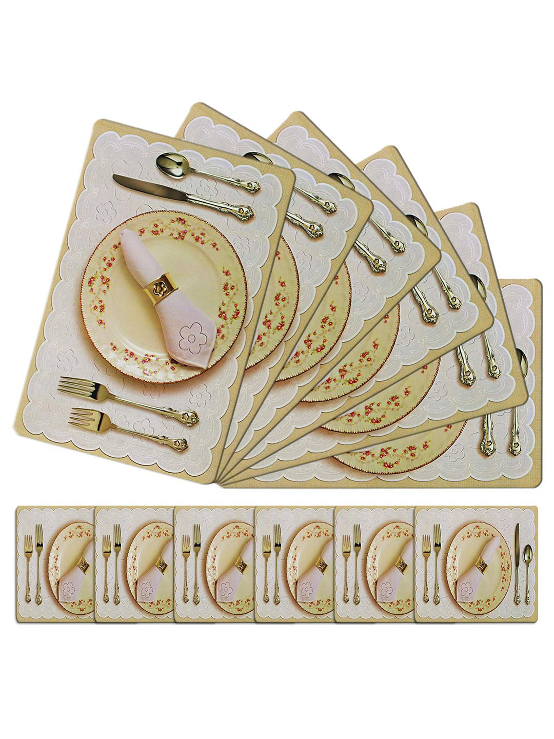 Kuber Industries 12-Pcs White Plate & Spoon Printed Rectangle Table Placemats With Coaster