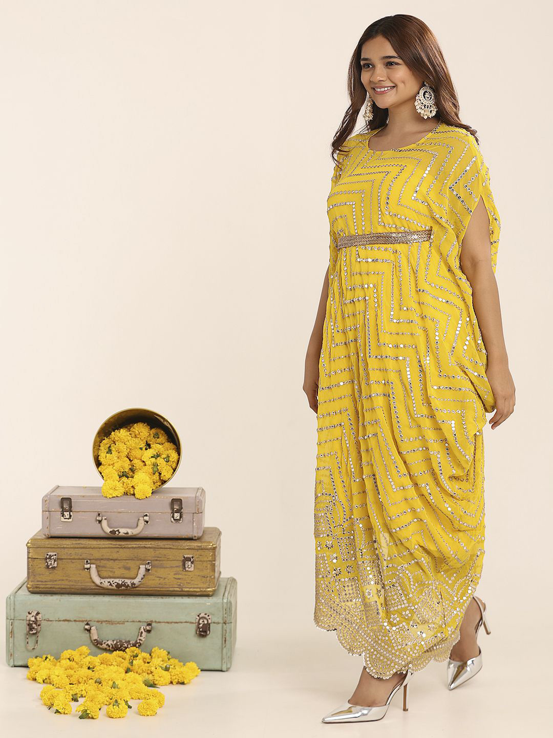 THE BLESSED WARDROBE Women Embellished Georgette Kaftan Maxi Dress