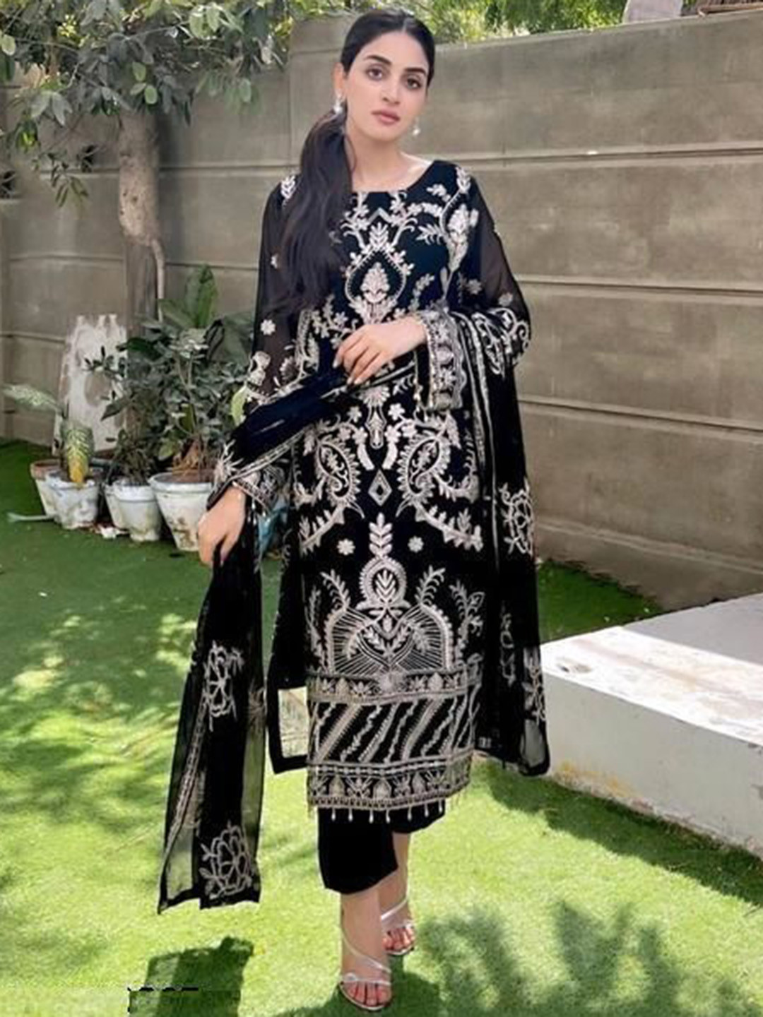 BAESD Floral Embroidered Beads And Stones Georgette Kurta With Trousers & Dupatta