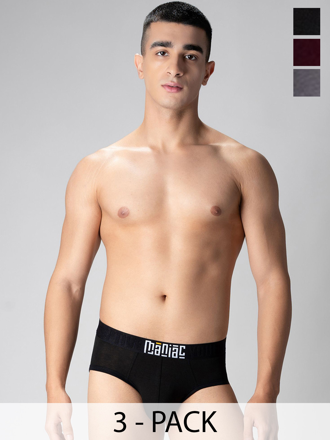Maniac Pack Of 3 Basic Briefs MN25-3PCK-MODAL-BRIEF-BLK_BRGD_GRY-S