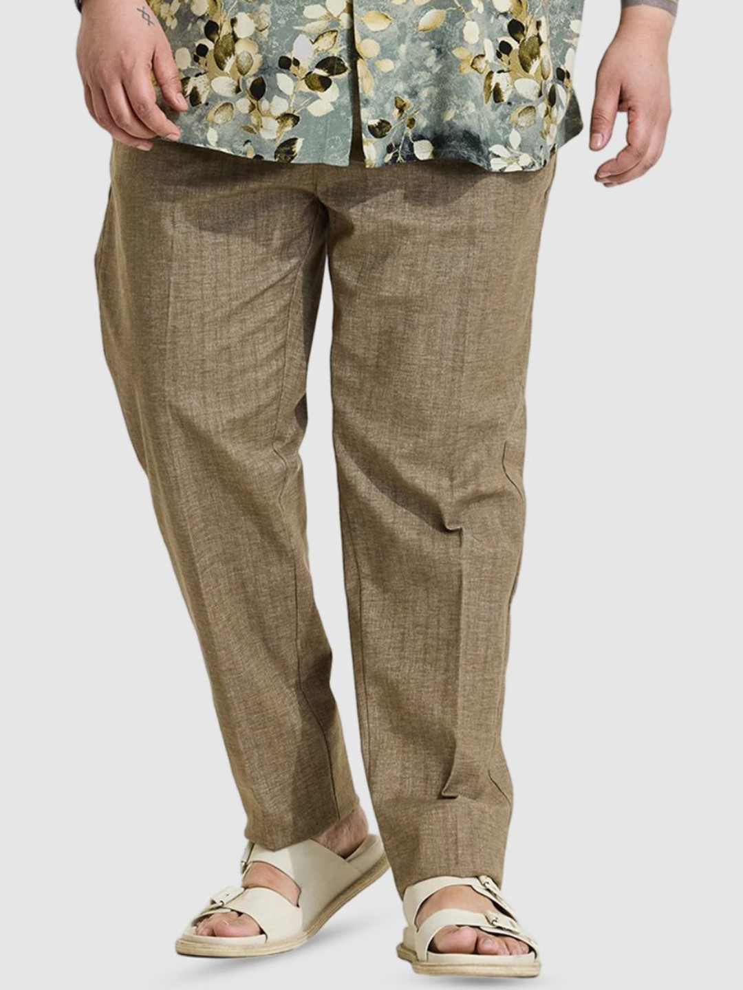 Snitch Khaki Textured Relaxed Cotton Loose Fit Trousers