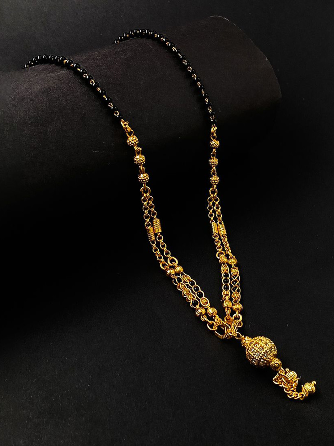 Saizen Gold-Plated Black Beaded Triple-Layer Mangalsutra