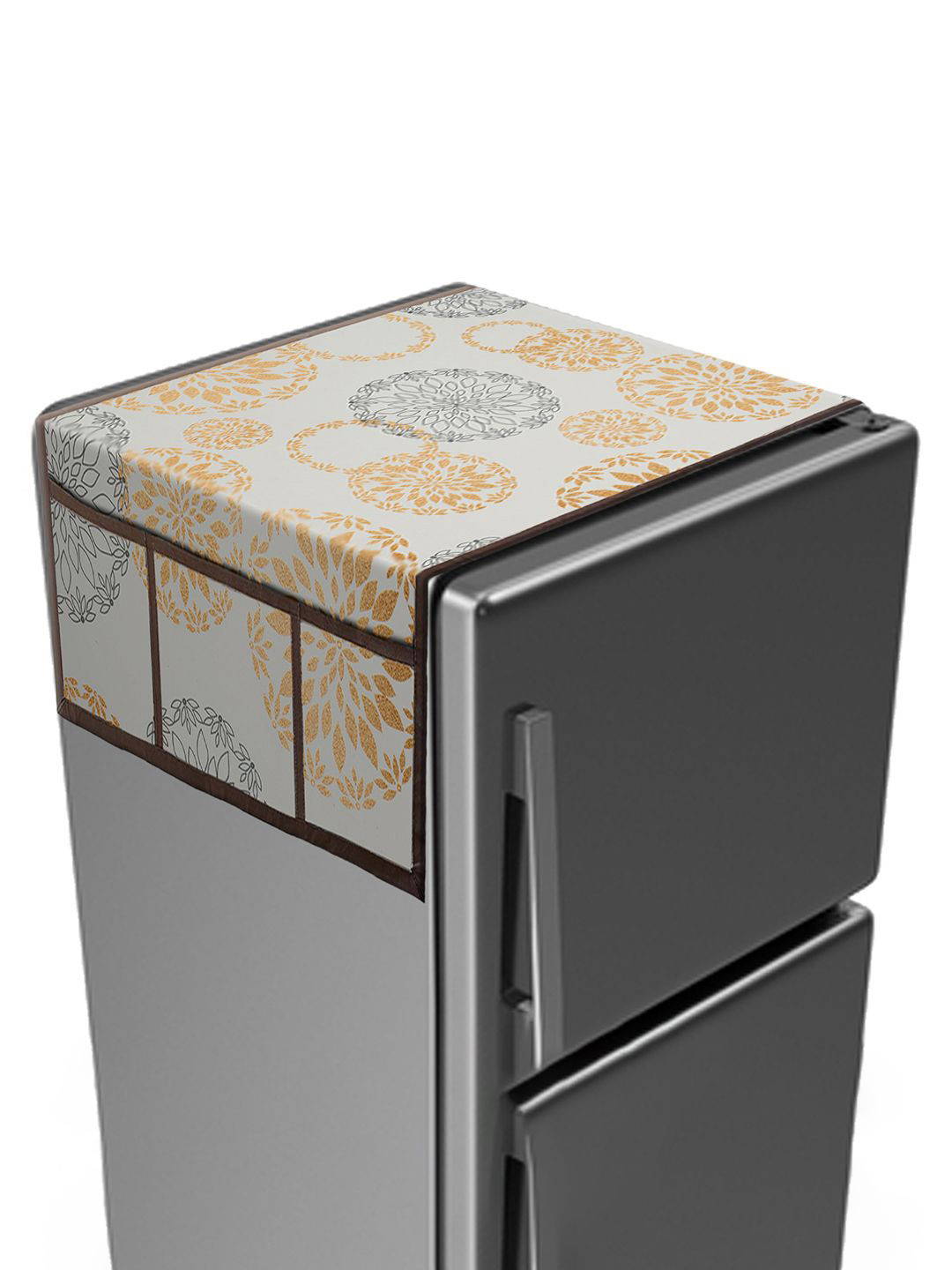 Kuber Industries White Rangoli Print PVC Fridge Top Cover With 6 Utility Side Pockets