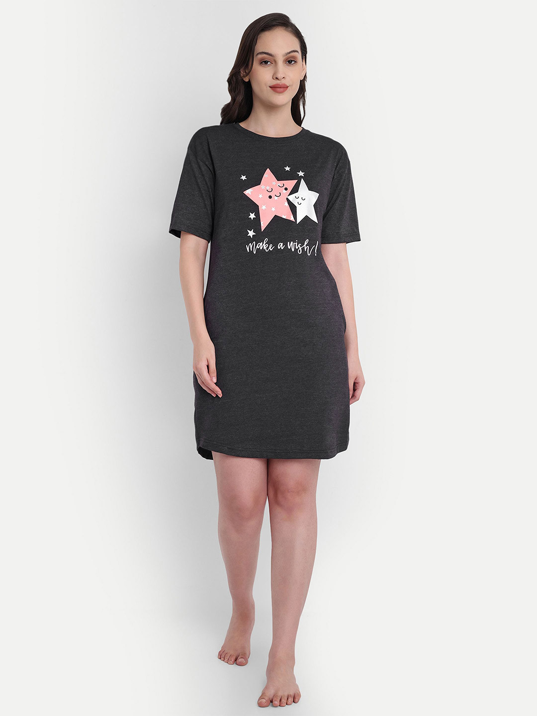 Bedtime story Women Pure Cotton Graphic Printed Knee Length T-shirt Nightdress