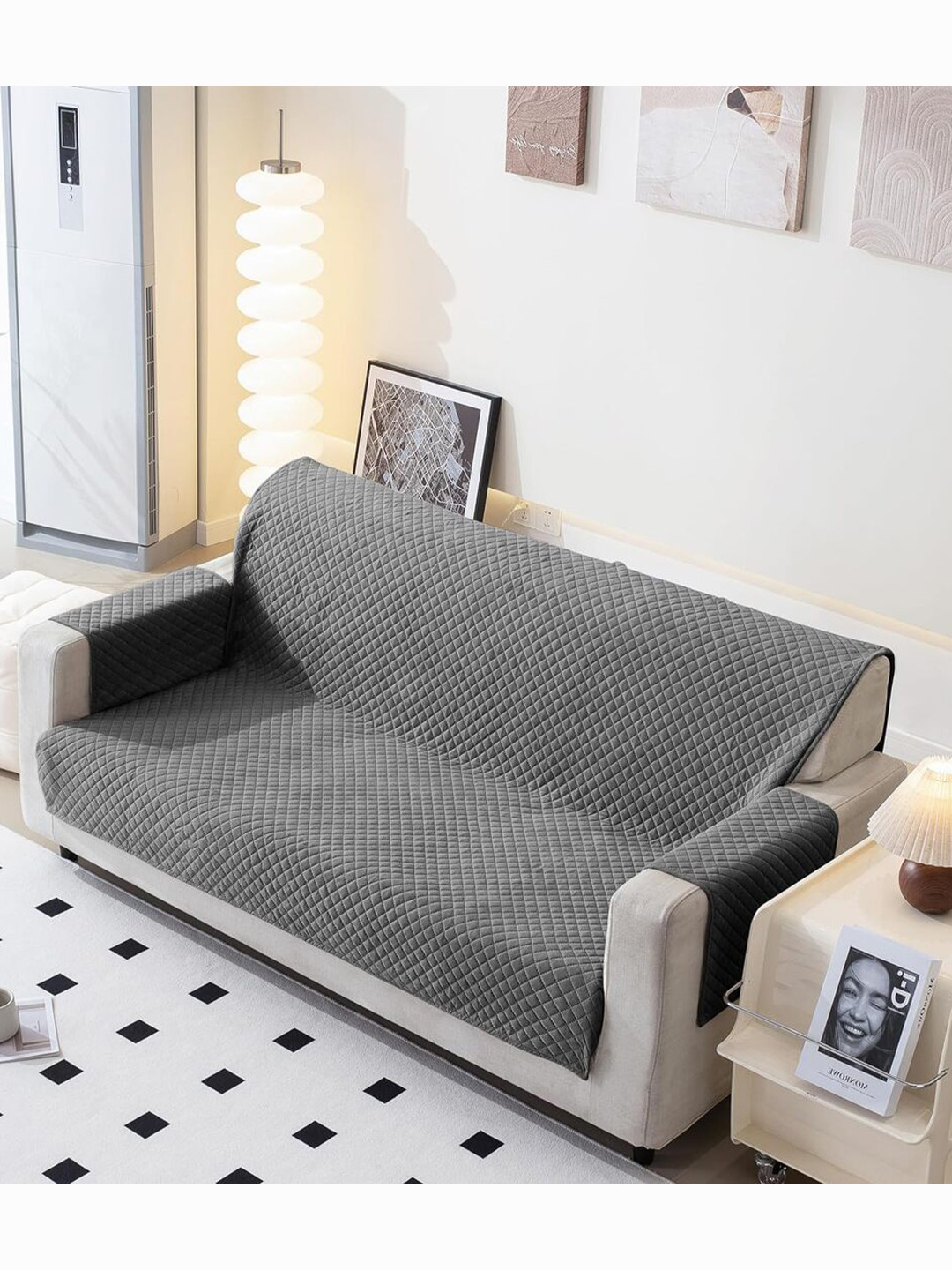 Fashion Throw Grey Checked Velvet 1 Piece Sofa Cover With Arms