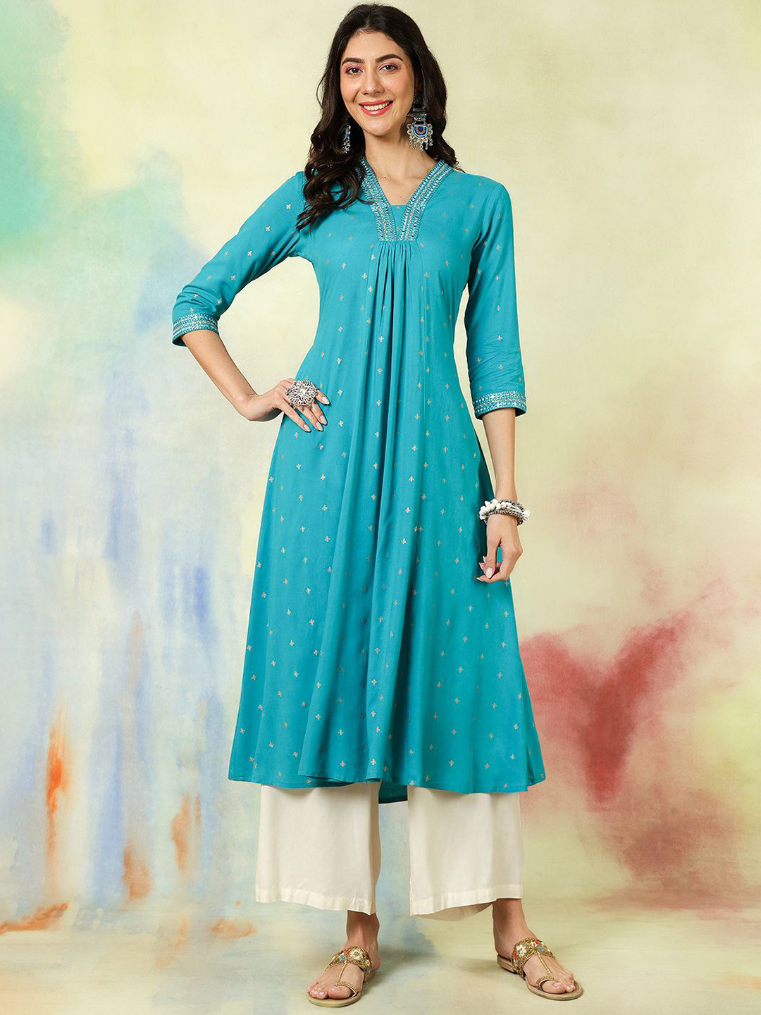 GULMOHAR JAIPUR Solid Embroidered V Neck Pleated A Line Rayon Flared Kurta