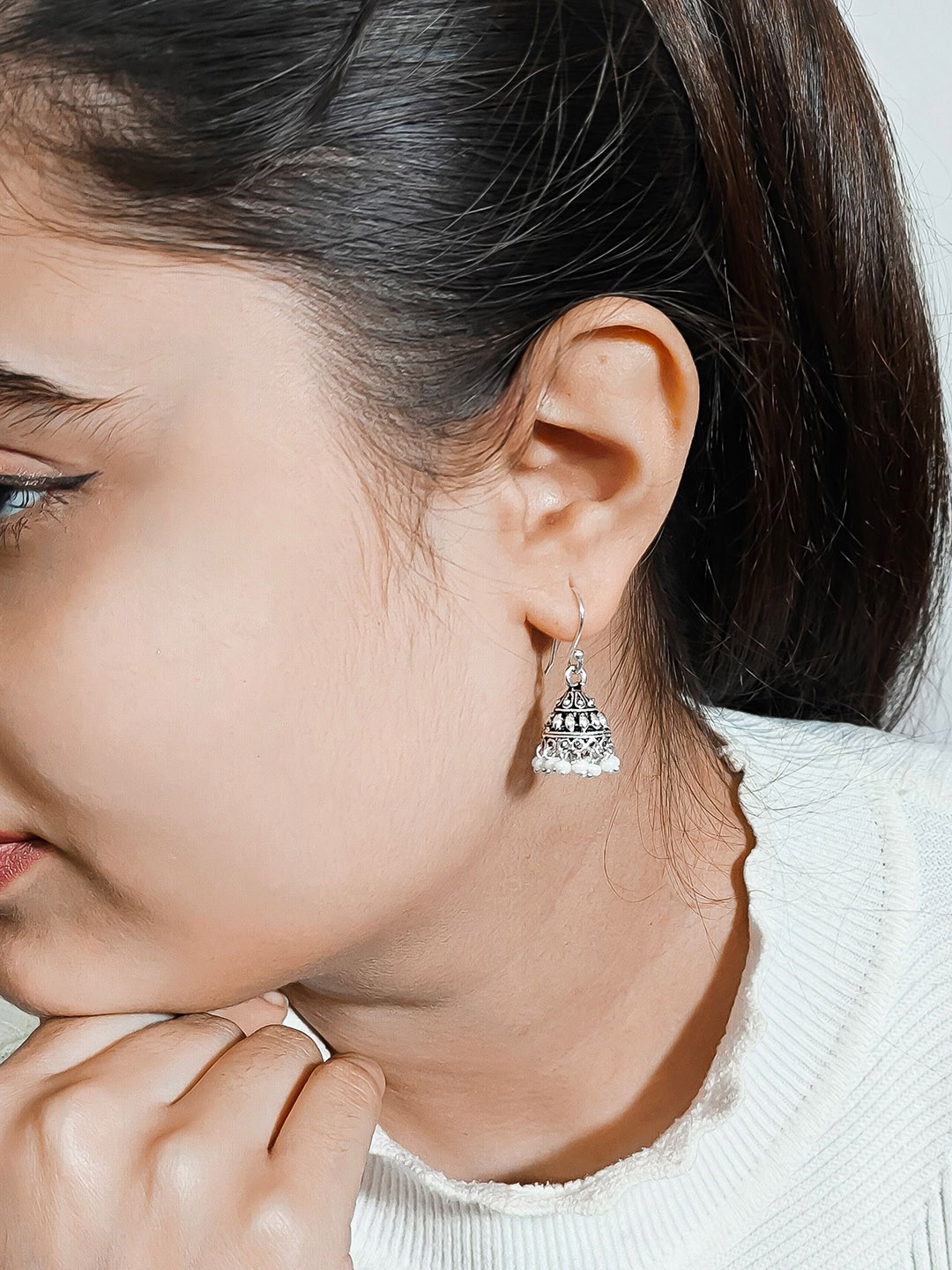 INARI SHINES 925 Silver Oxidised Ethnic Zhumki with Natural Beads