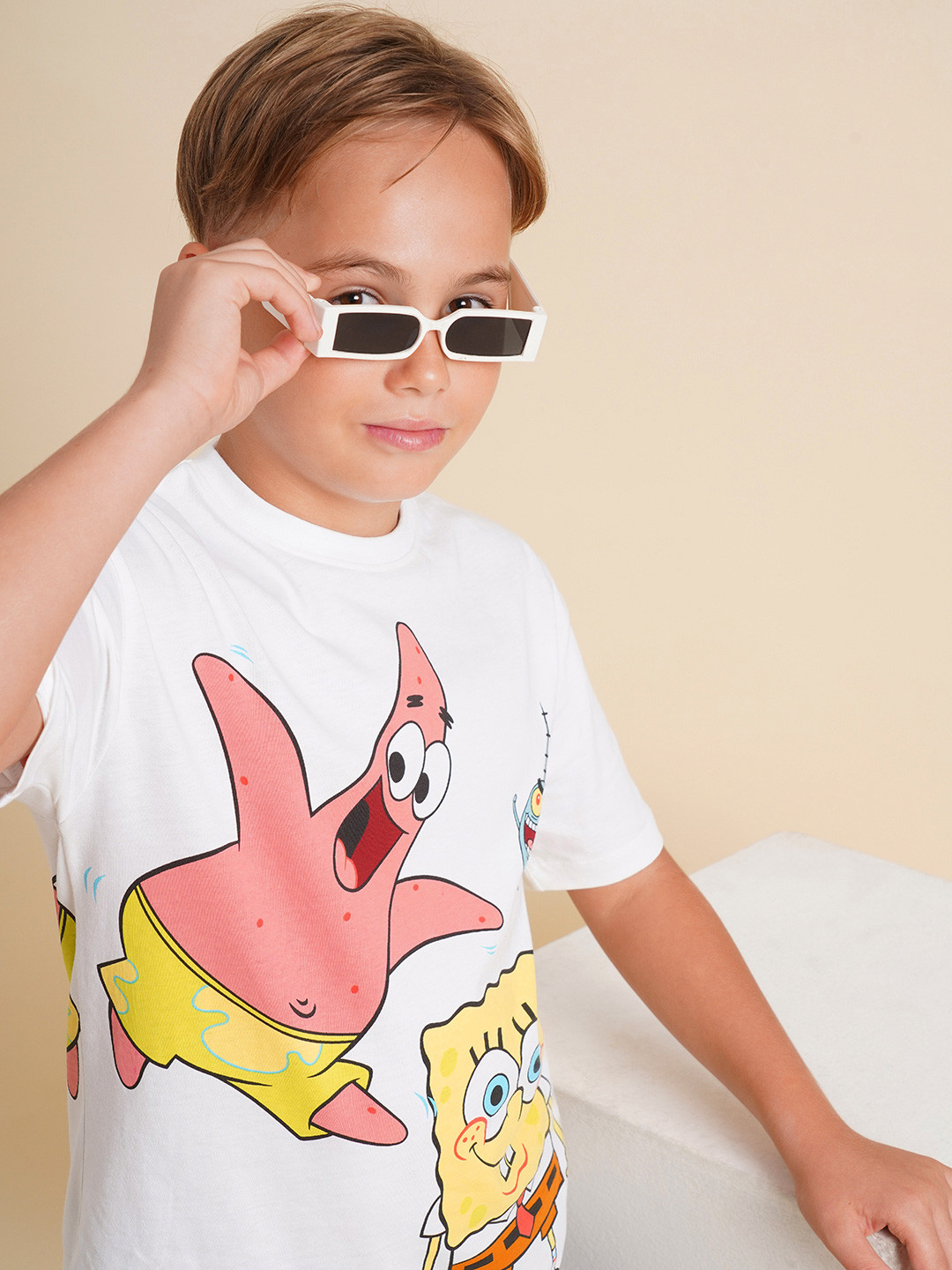 Jack & Jones Junior Boys Spongebob Graphic Printed Round Neck Cotton T-shirt