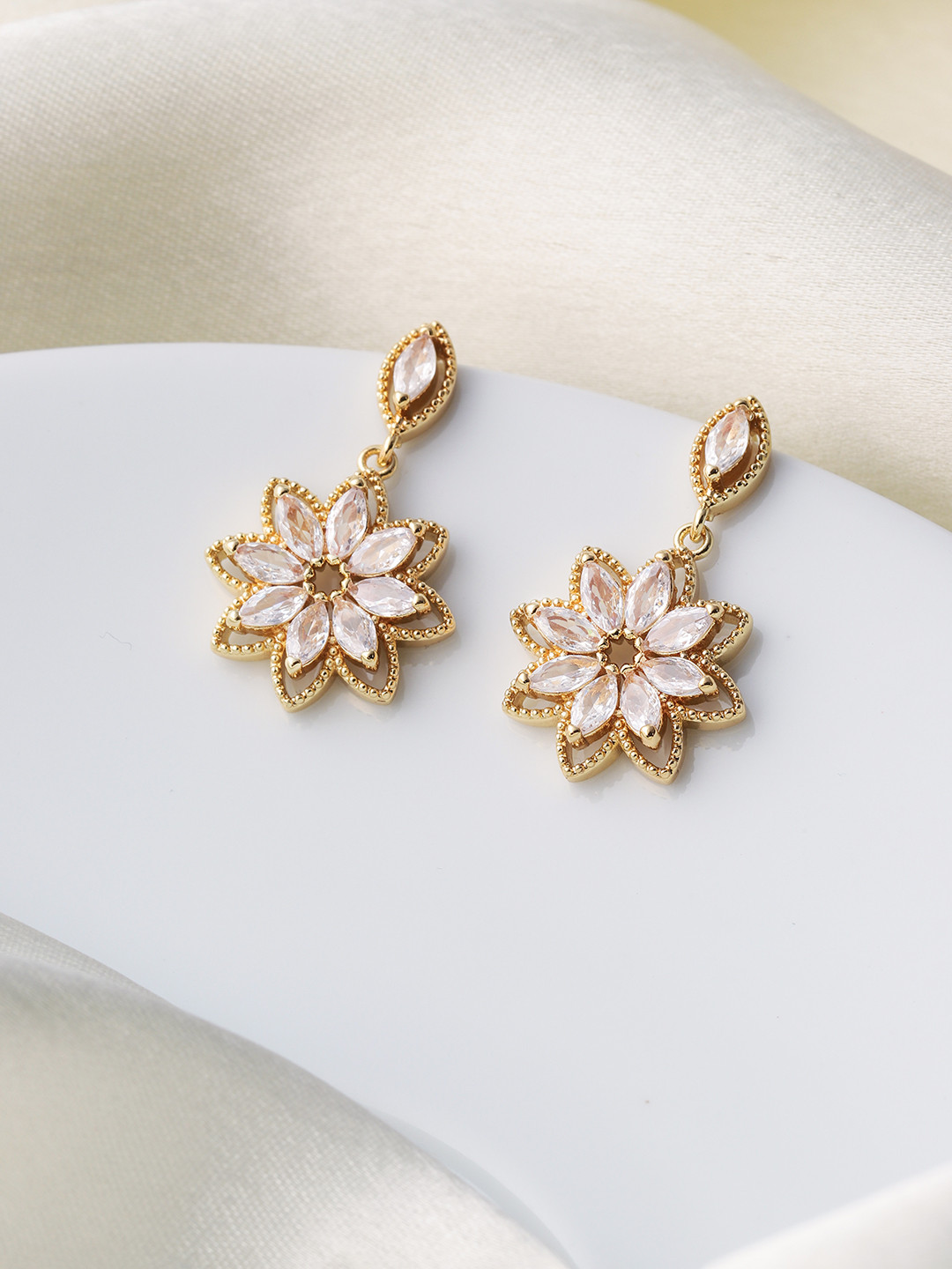 Indiifuz  Gold Plated CZ Studded Floral Drop Earrings