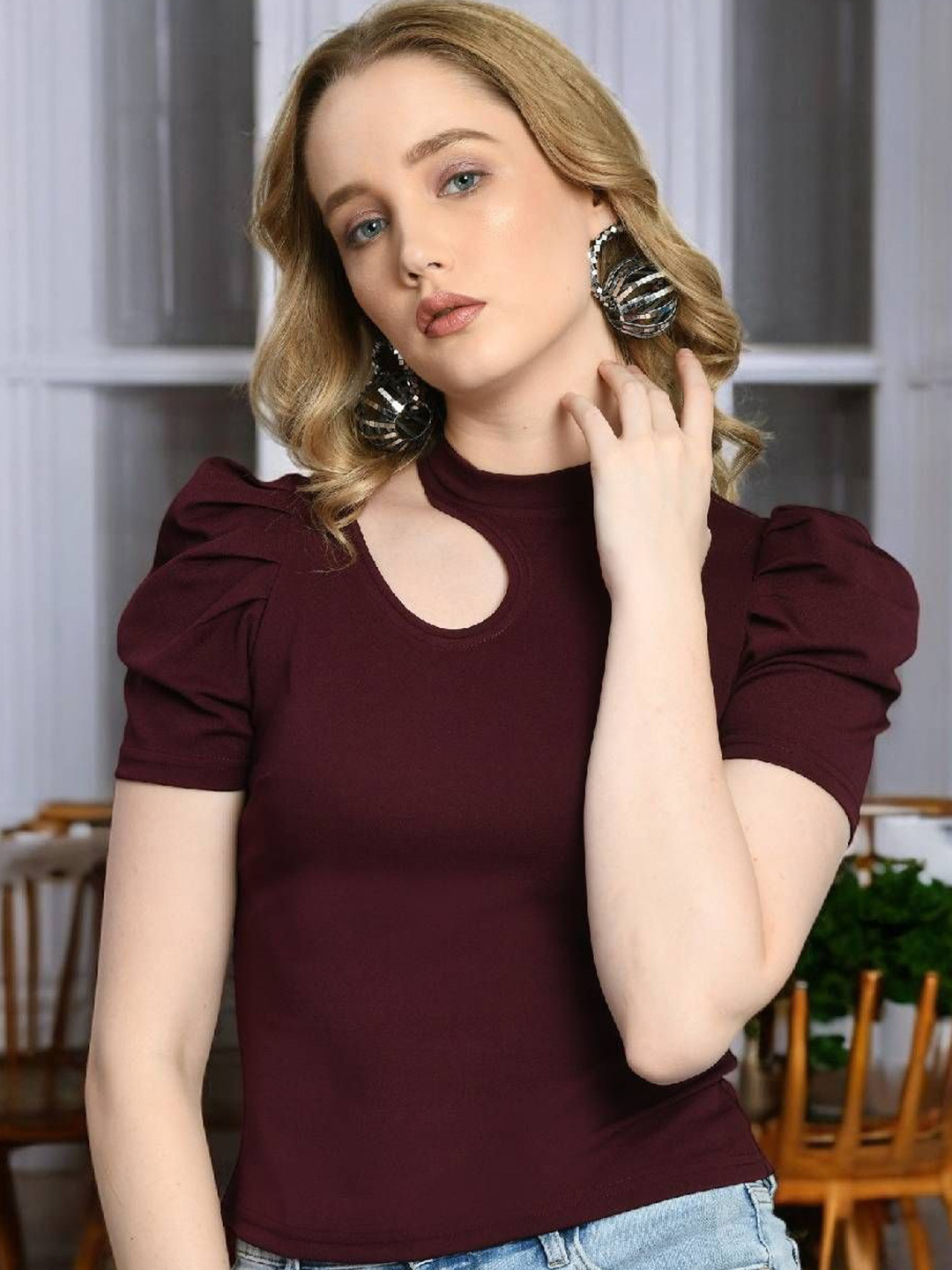 BAESD Cut-Out Detail Puff Sleeve Fitted Top
