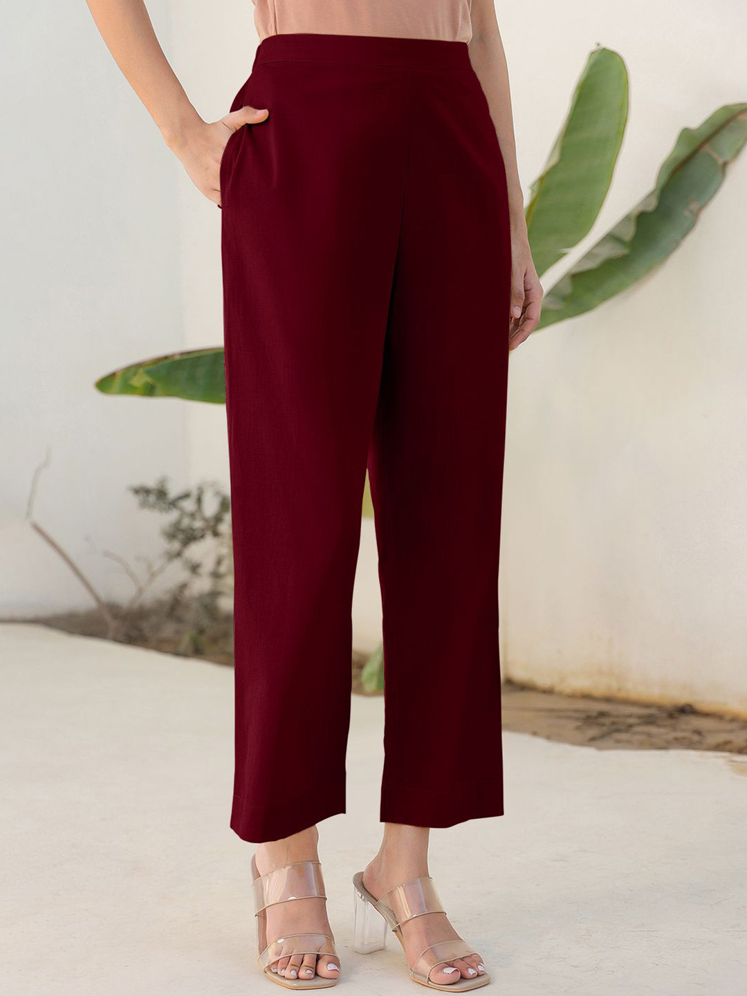 Janasya Women's Maroon Linen Cotton Solid Straight Pant