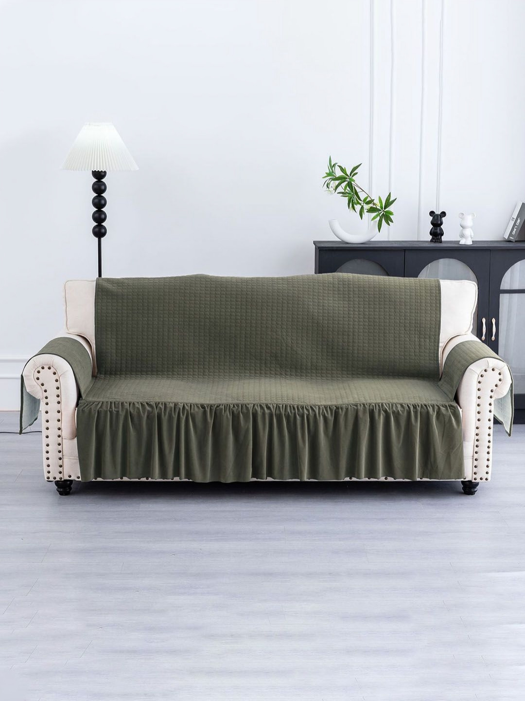Aura Green Velvet 1 Piece 3 Seater Soft Velvet Full Sofa Cover with Pocket Arms