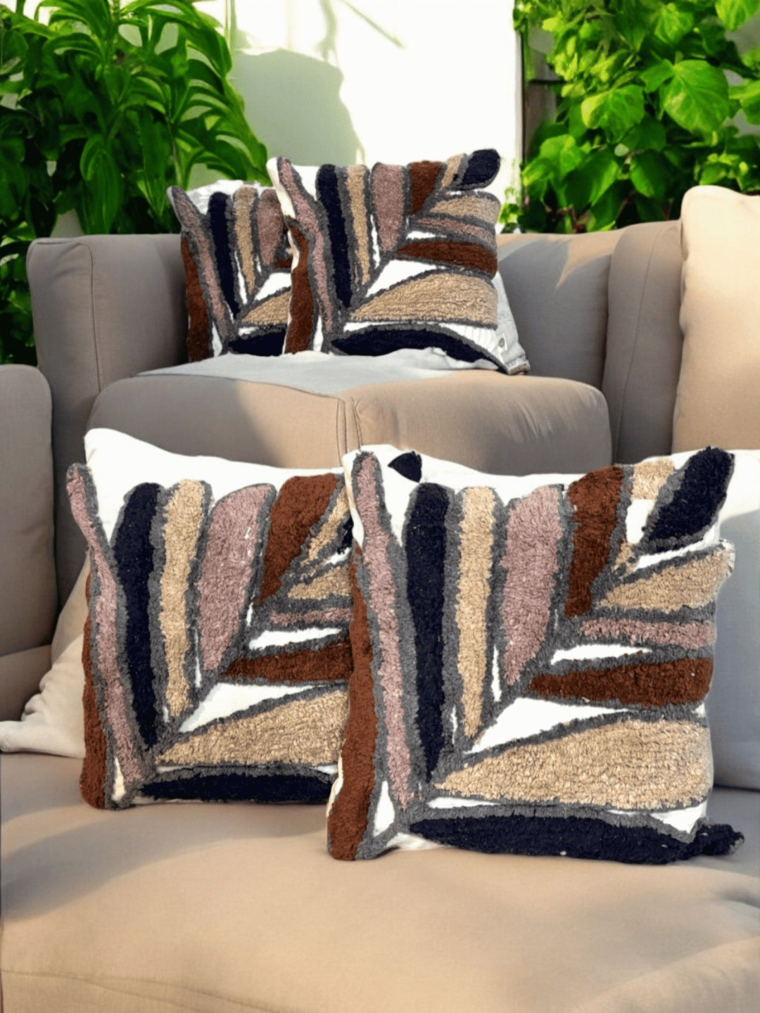 LUSHLYF Earty Chevron Embroidered Polyester Silk Lightweight 4 Pcs Cushion Covers -18x18In