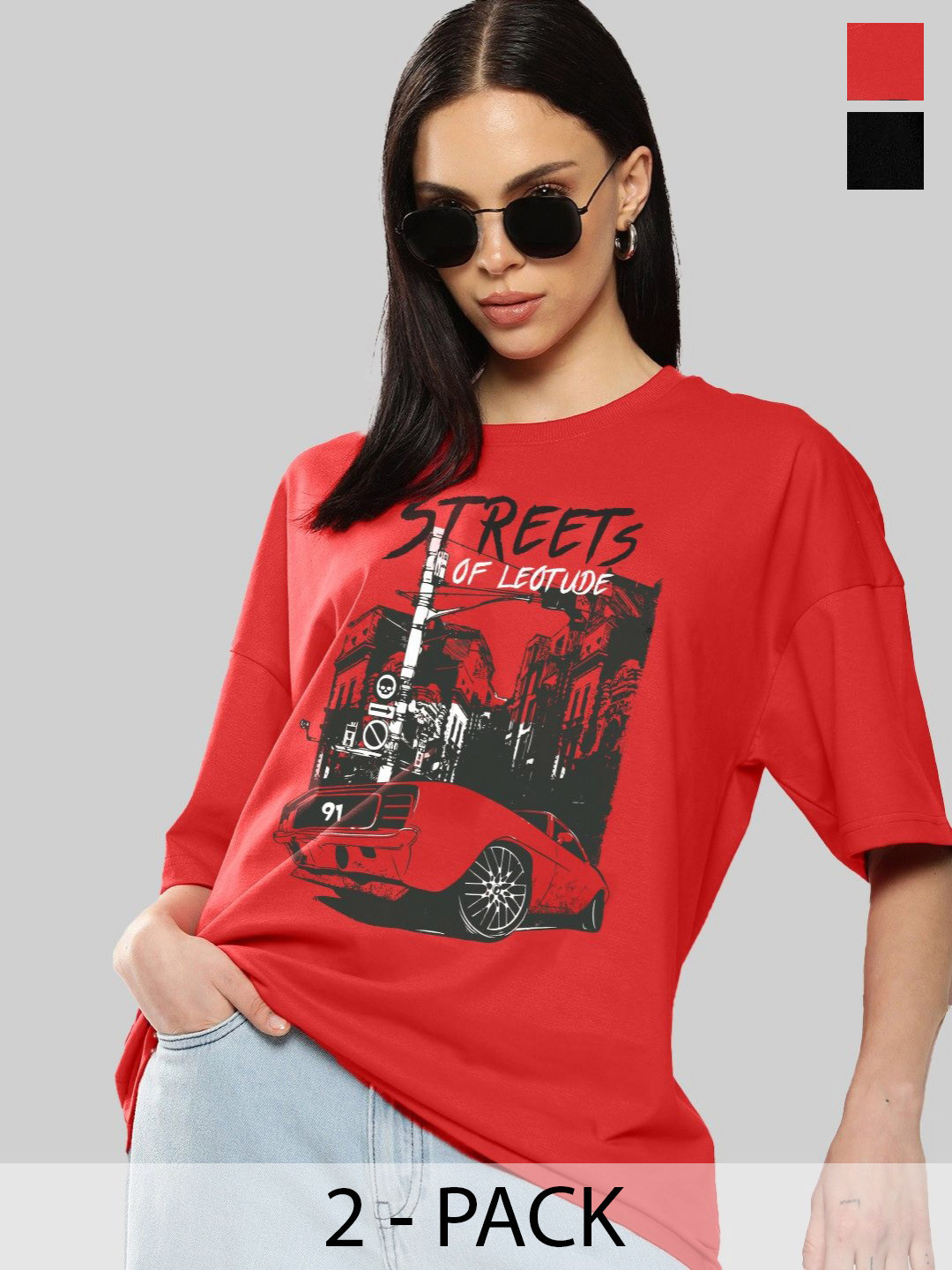 Leotude Women Pack Of 2 Photographic Printed Round Neck Cotton Oversized T-shirts