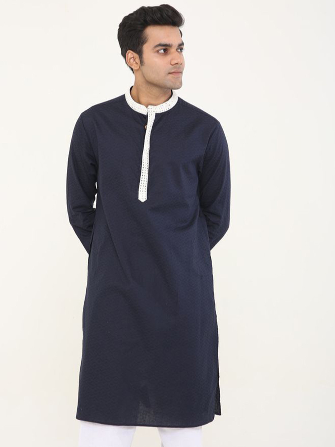 Style Matters Men Pure Cotton Embroidered Mandarin Collar Mirror Work Straight Kurta