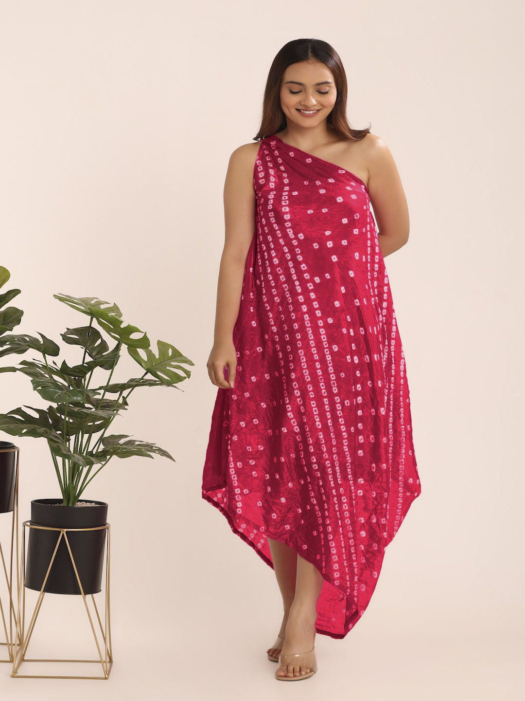 THE BLESSED WARDROBE Bandhani Print One Shoulder Silk Fit & Flare Maxi Dress