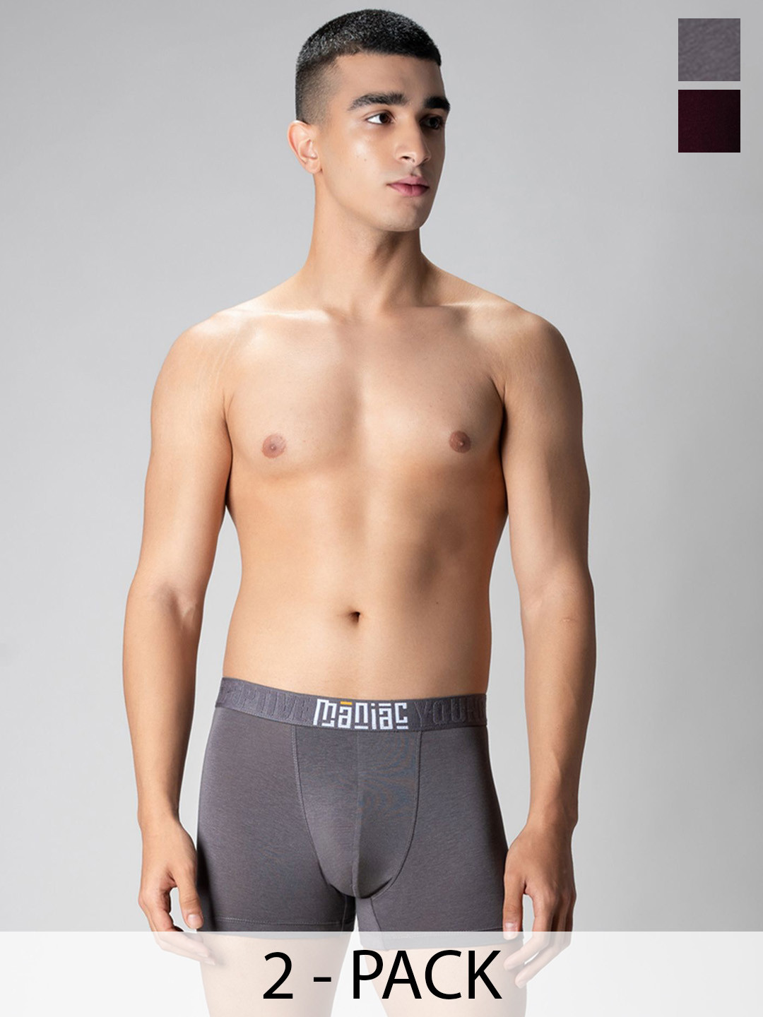 Maniac Pack Of 2 Men Logo Printed Outer Elastic Trunks MN25-2PCK-MODAL-TRUNKS-BRGD_GRY-S