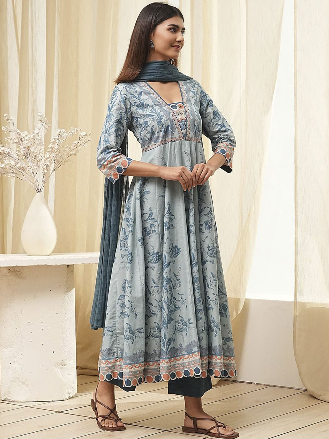 Biba Floral Printed V-Neck A-Line Pure Cotton With Palazzos & Dupatta