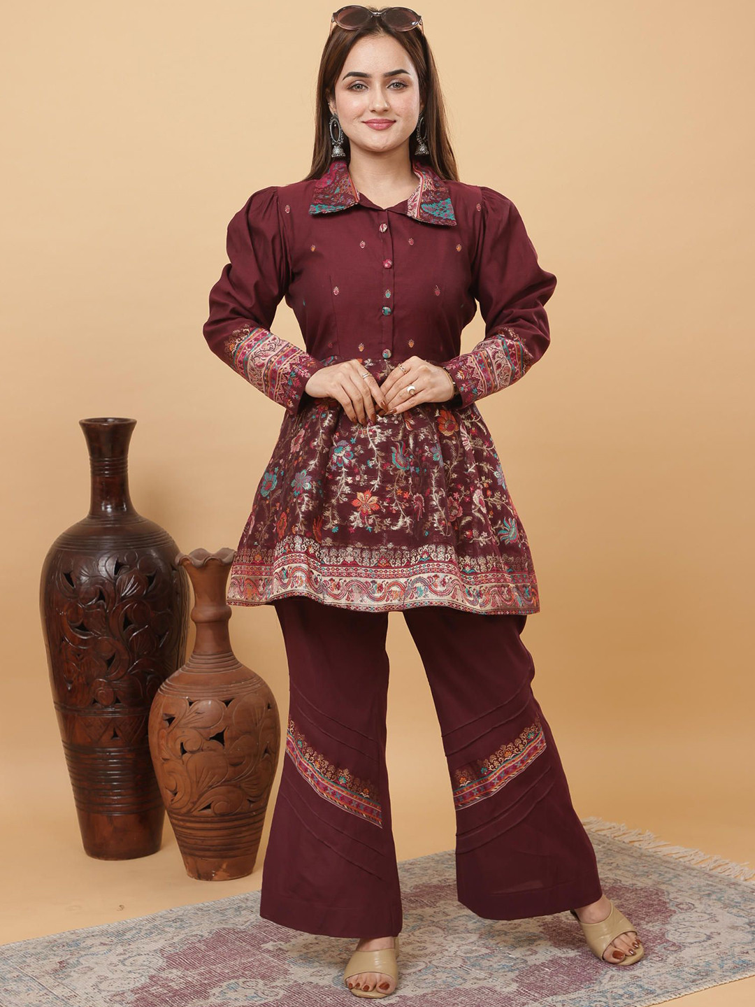 KIDAR Woven Design Shirt Collar Jacquard Tunic With  Palazzos