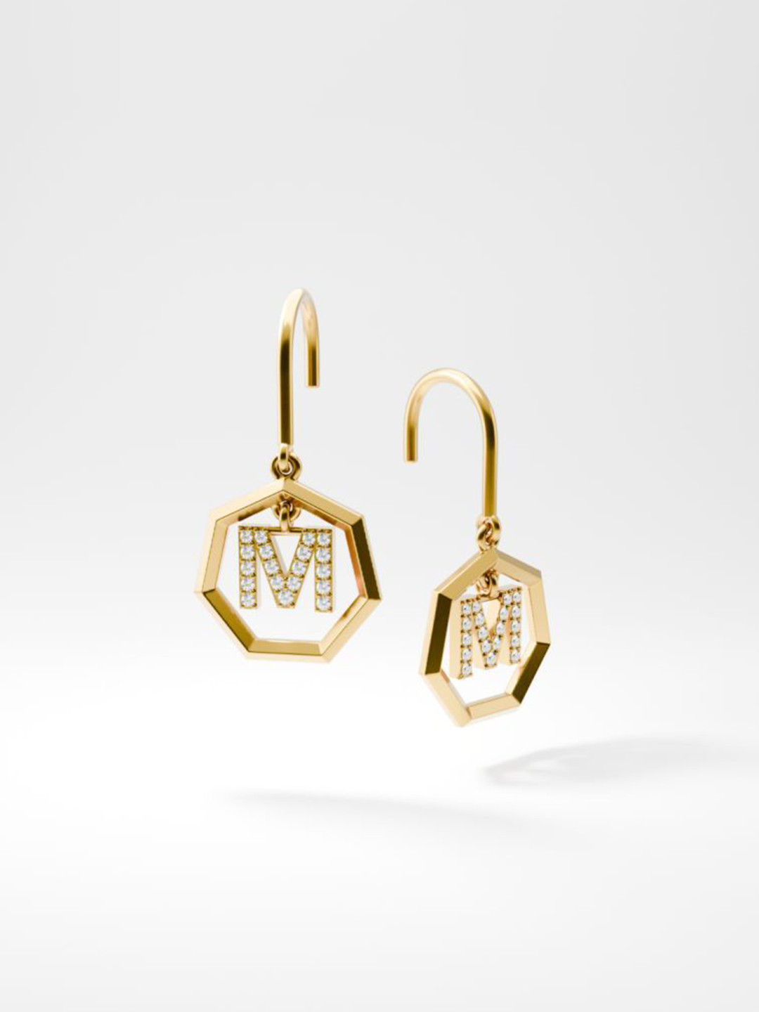 HOUSE OF SEVEN 18k Gold Plated Letter M Geometric Shaped American Diamond Drop Earrings