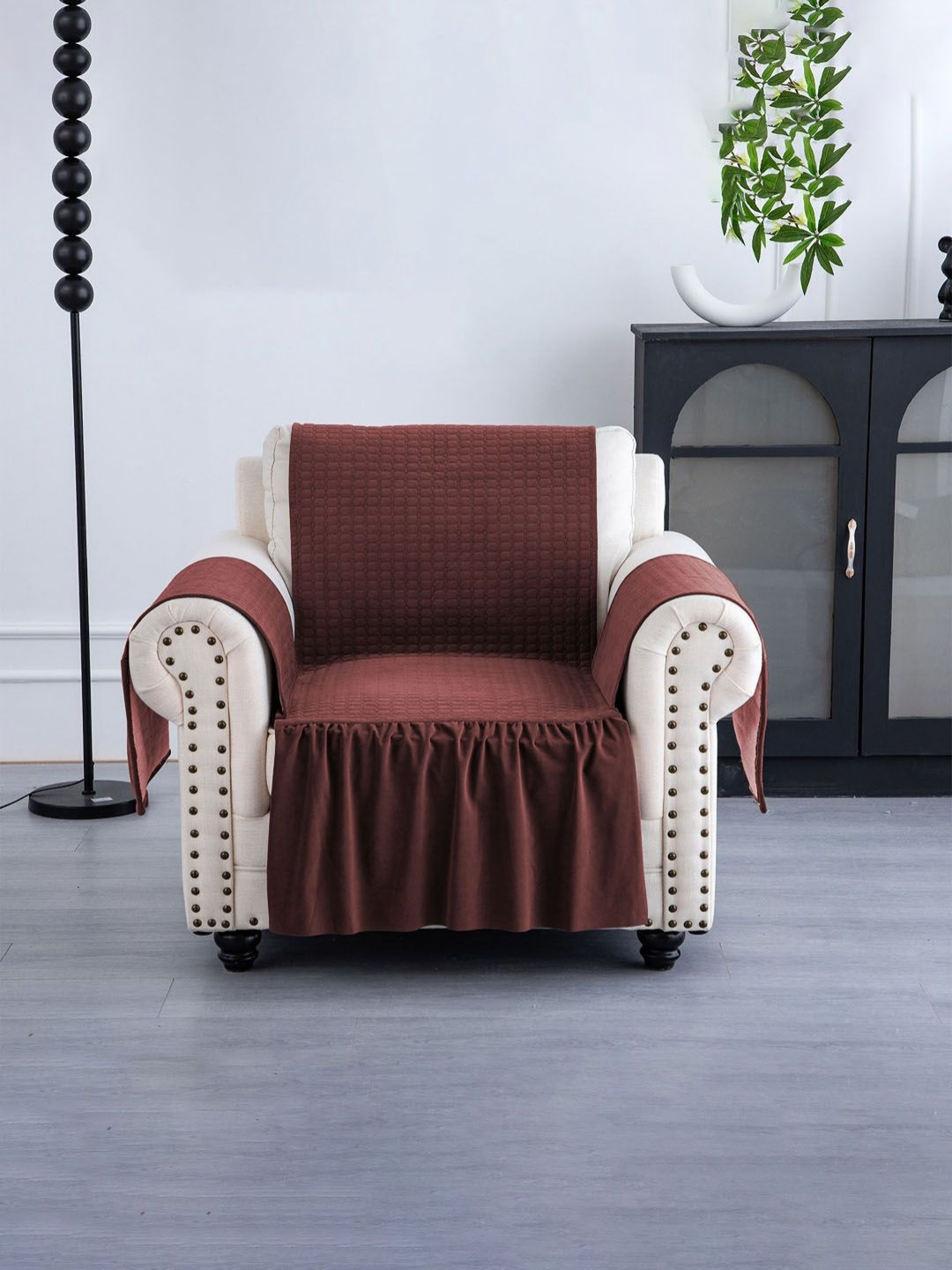 Aura Maroon Velvet 1 Piece Single Seater Soft Velvet Full Sofa Cover with Pocket Arms