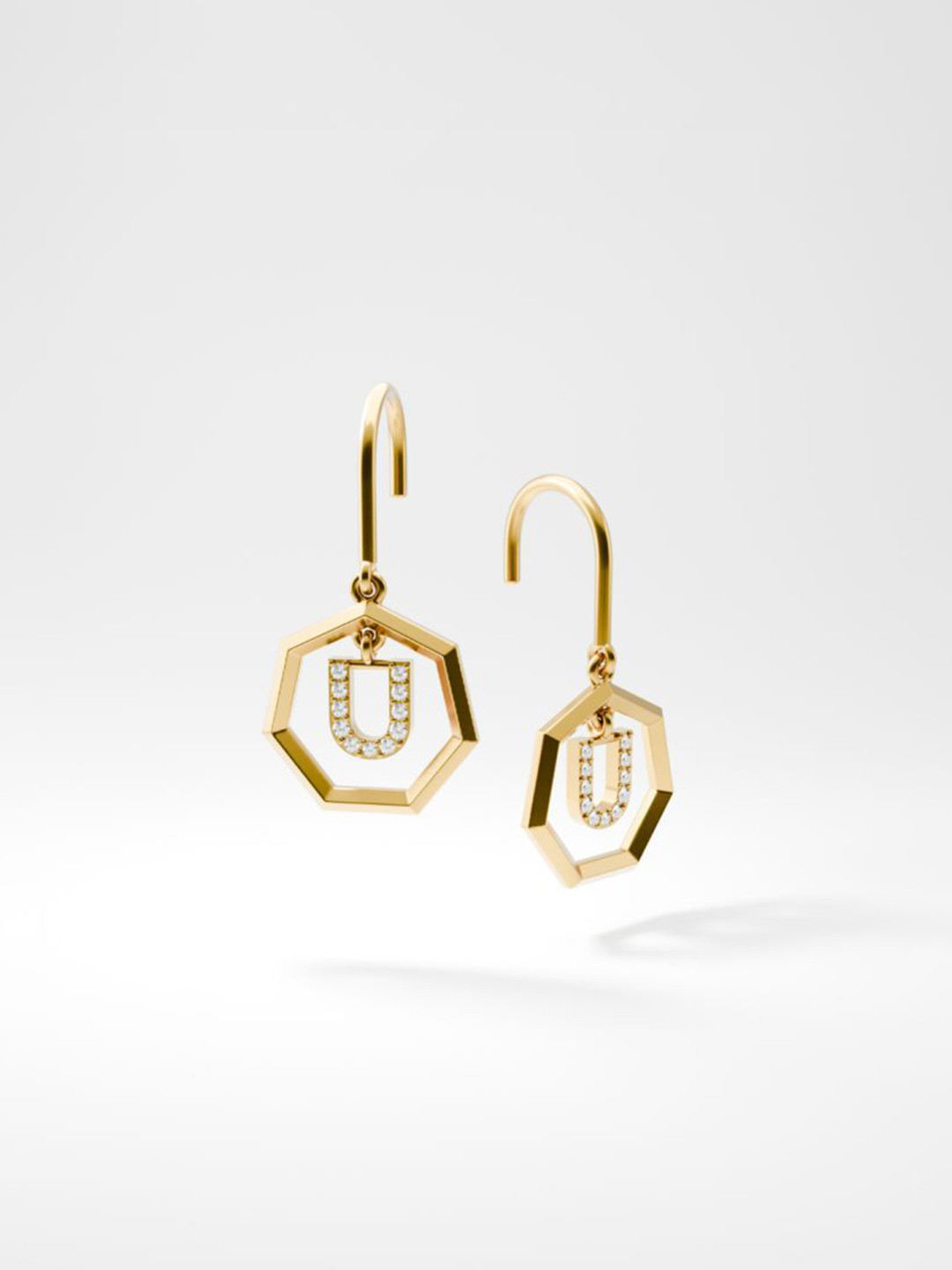 HOUSE OF SEVEN 18k Gold Plated Letter U Geometric Shaped American Diamond Drop Earrings