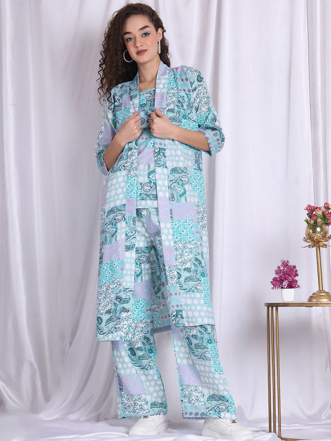 NEUDIS Paisley Printed Shoulder Straps Cami Top With Trousers And Shurg