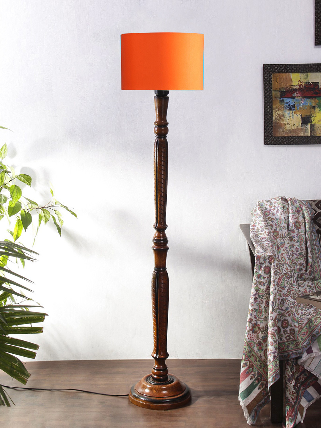 Devansh Brown & Orange Wooden Floor Lamp With Shade