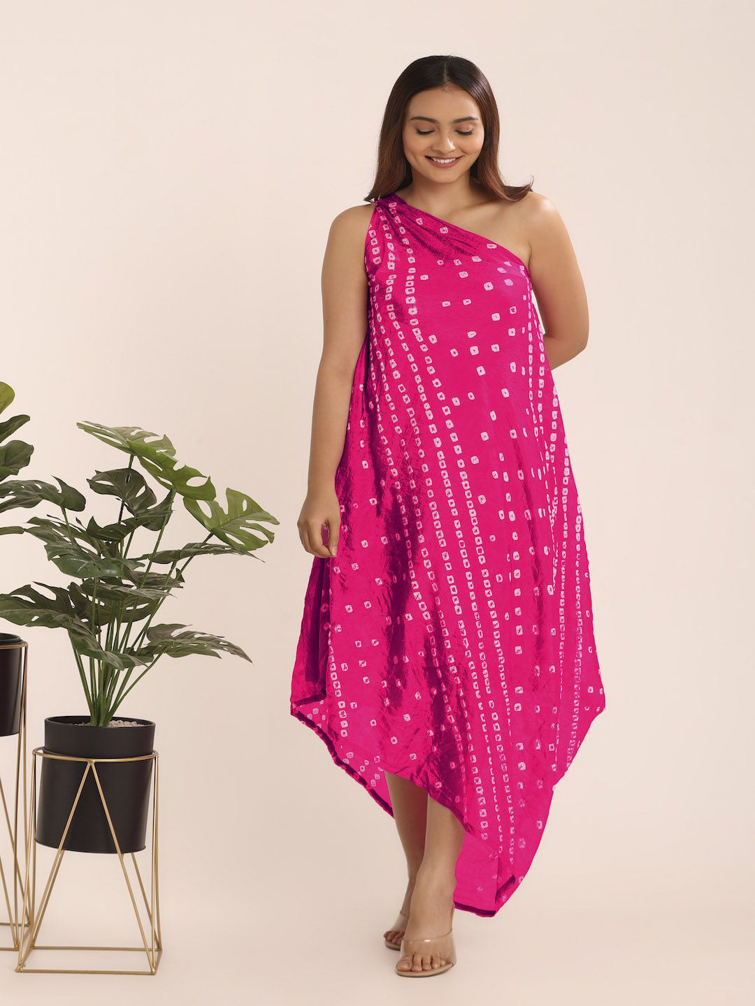 THE BLESSED WARDROBE Bandhni Printed One Shoulder Silk Shift Midi Dress