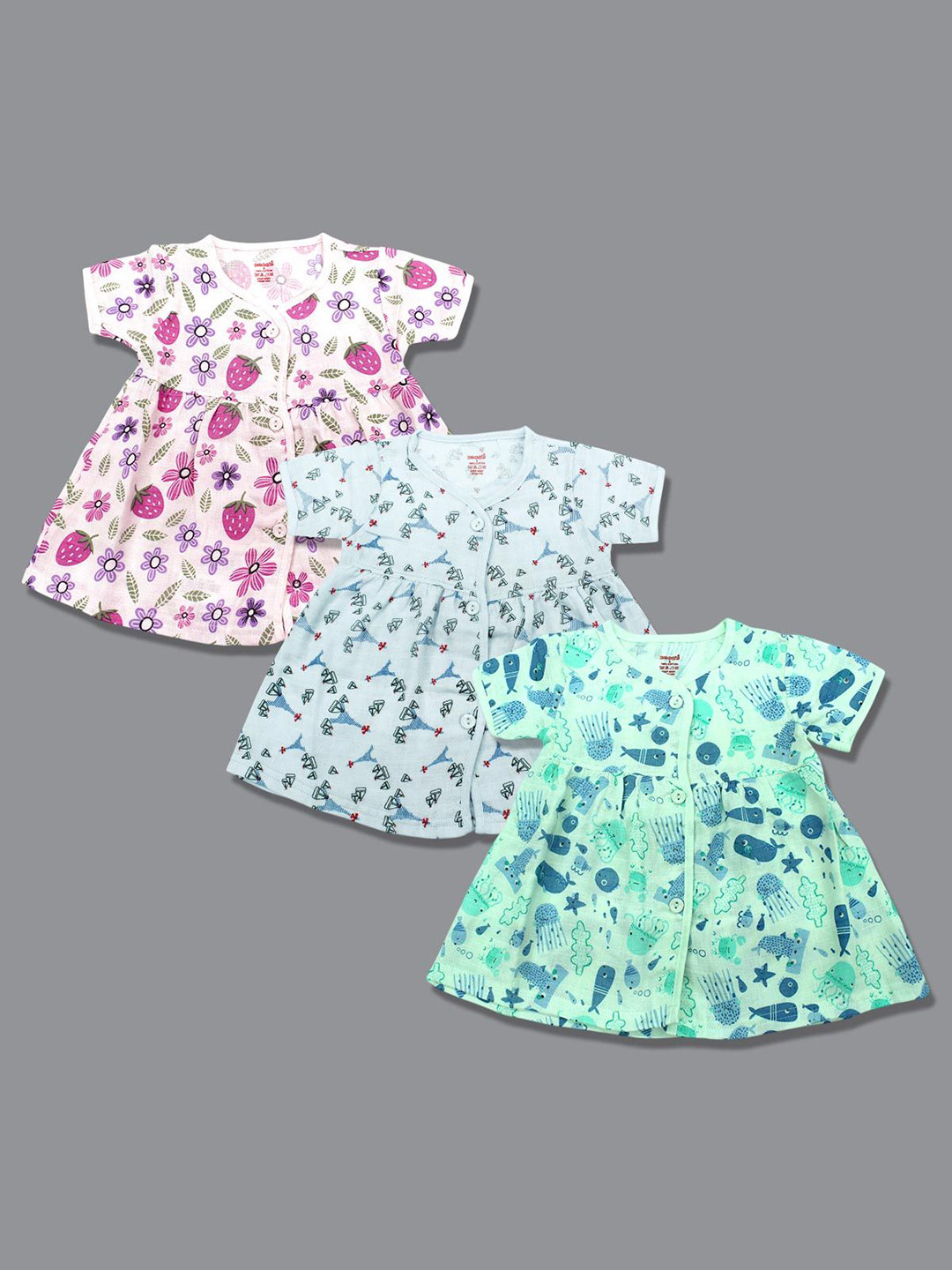 Born Babies Pack Of 3 Floral Print Cap Sleeves Knee Length Shirt Style Dress
