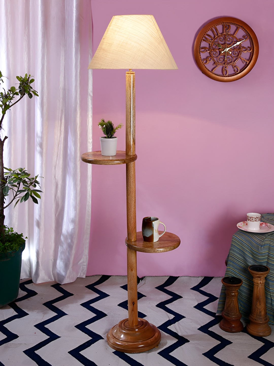 Devansh White Frustum Shaped Wooden Shelf Floor Lamp