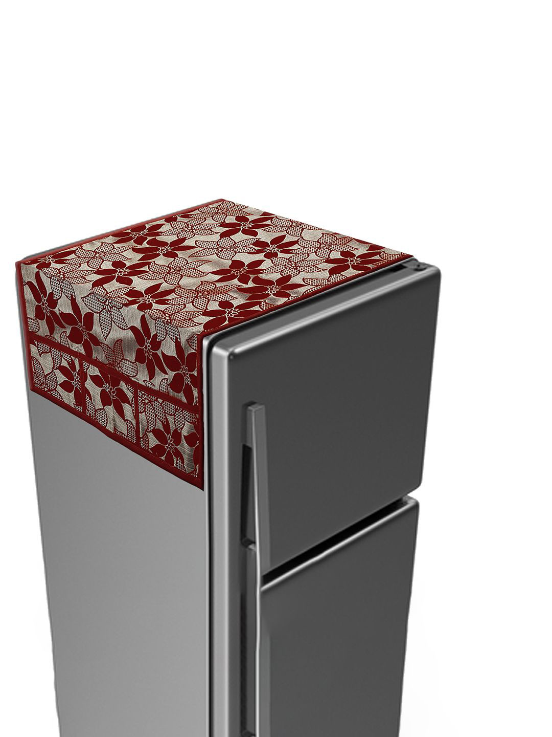 Kuber Industries Maroon Flower Print Velvet Fridge Top Cover With 6 Utility Side Pockets