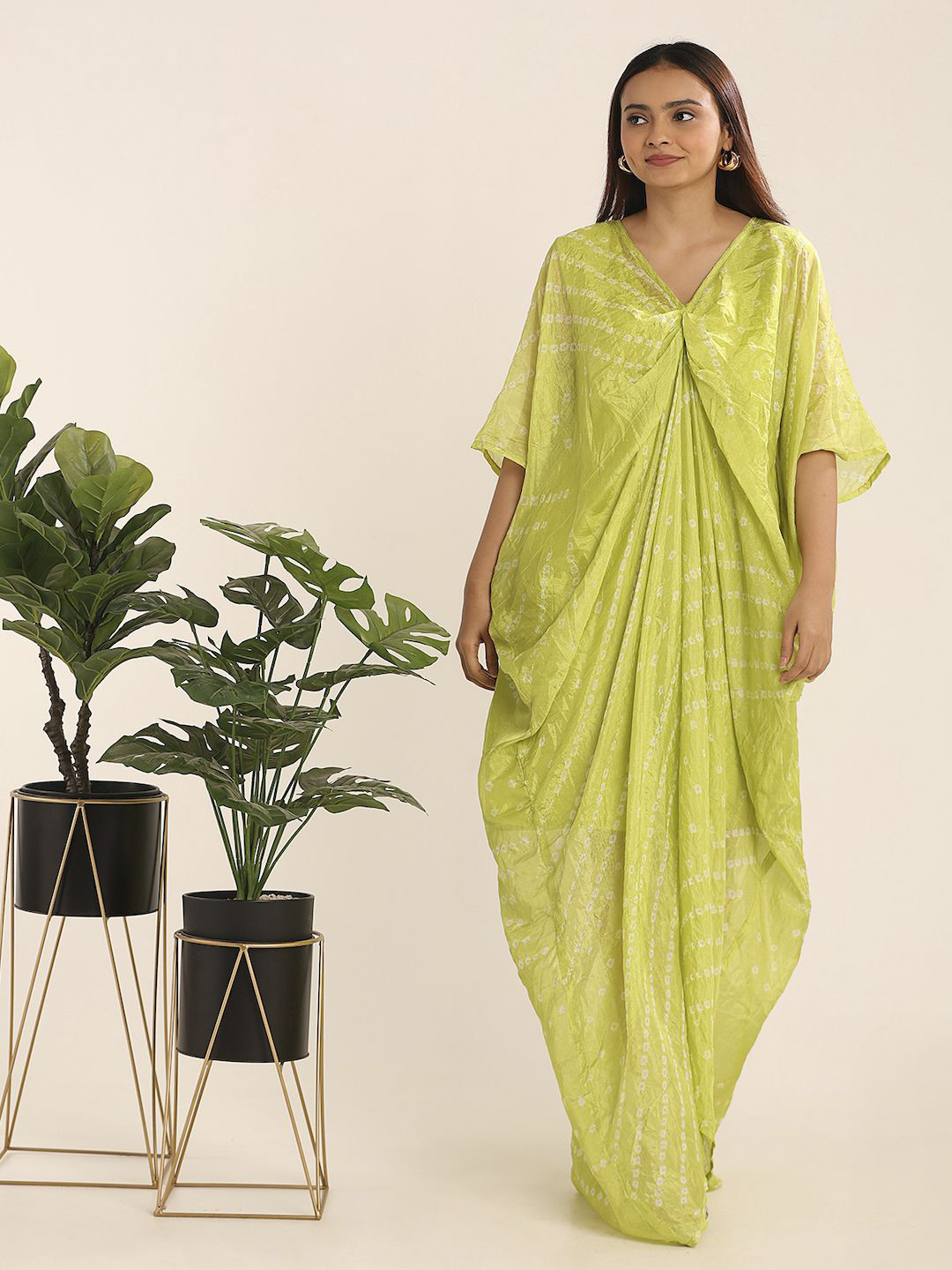 THE BLESSED WARDROBE Women Bandhni Print Kimono Sleeve Kaftan Maxi Dress