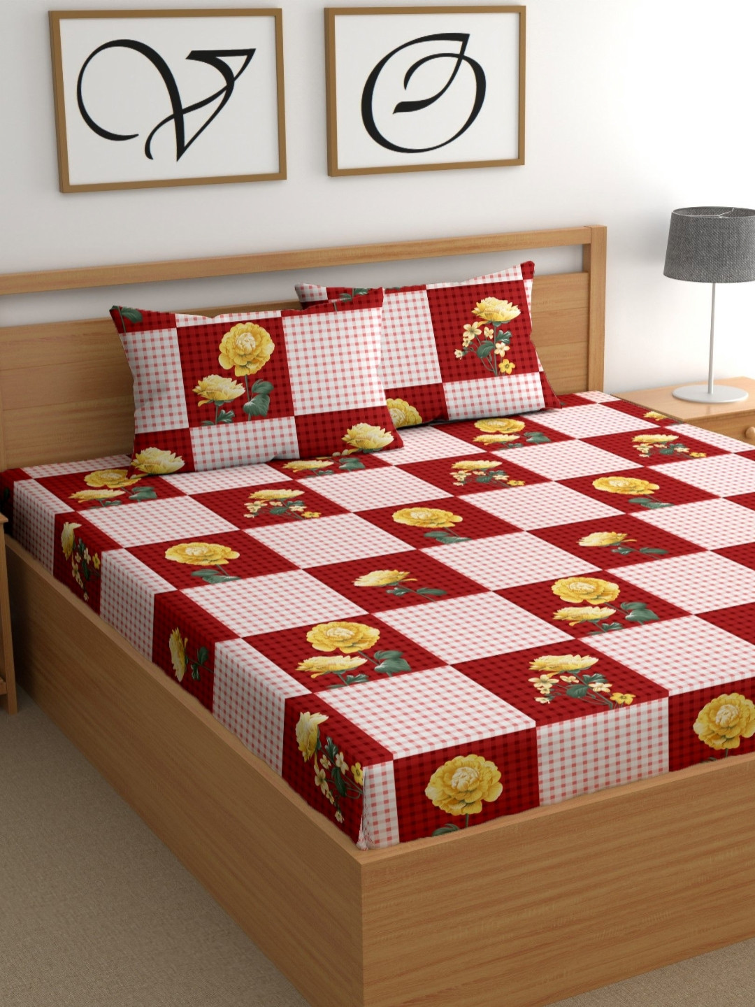 CG HOMES Red Floral Polycotton 210 TC Fitted King Fine Bedsheet with 2 Pillow Covers-250 x 225 cm