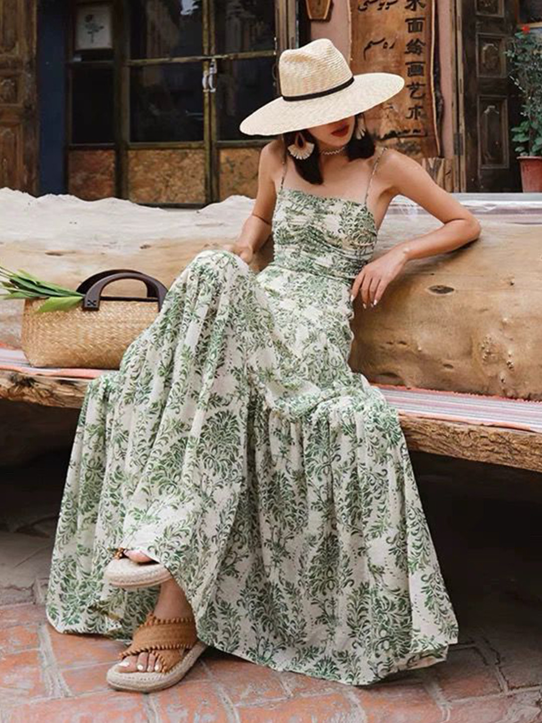 Miss Mosa By Akanksha  White, Green Oriana Summer Holiday Tiered Dress