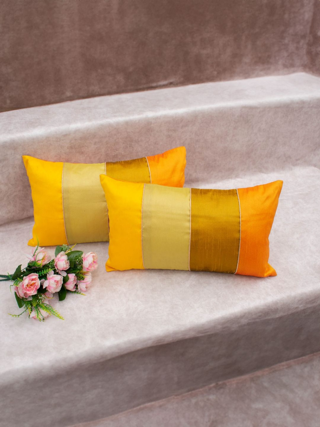RoyalDeco Set of 2 Yellow & Gold-Toned Striped Rectangle Cushion Covers