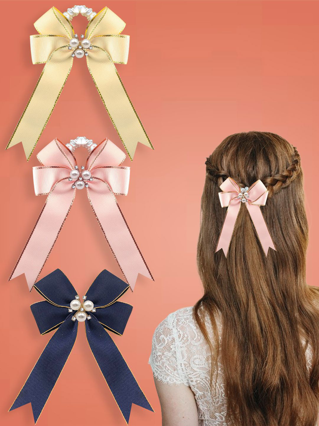 Majestique Set of 3  Multicolour Satin Hair  Rubber Bands with Brooch Scrunchies